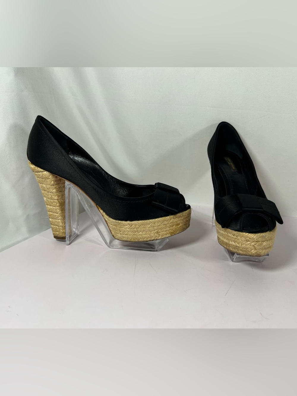 7246: Louis Vuitton Black Satin Espadrille Platform Pumps Heels Size 39
